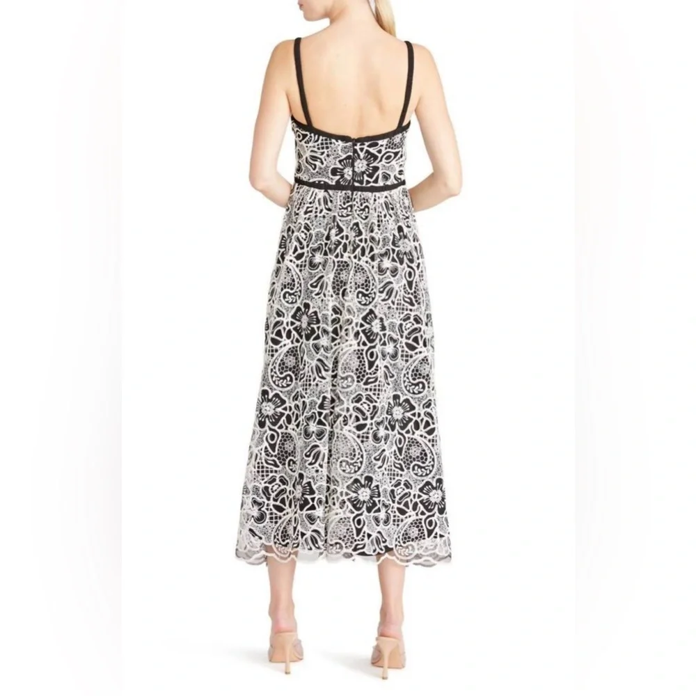 MONIQUE LHUILLIER floral sleeveless midi dress in ecru/black Size 12 - Picture 5 of 14